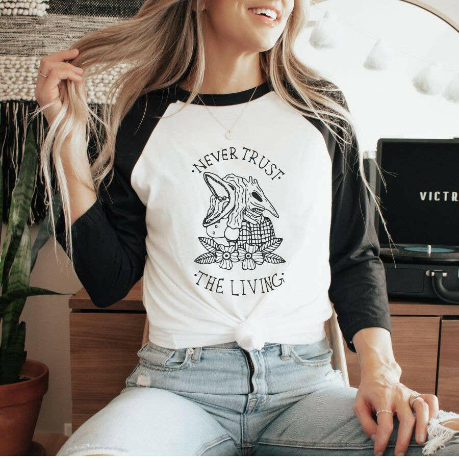 Never Trust the Living Halloween -  Baseball Raglan T-Shirt.