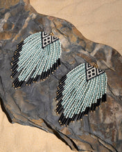 Load image into Gallery viewer, Beaded Handwoven Sonoran Triangle Fringe Earrings (Aqua).
