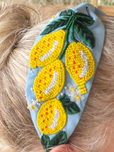 Load image into Gallery viewer, Lemons and Flowers Seed Beaded Top Knot Headband.
