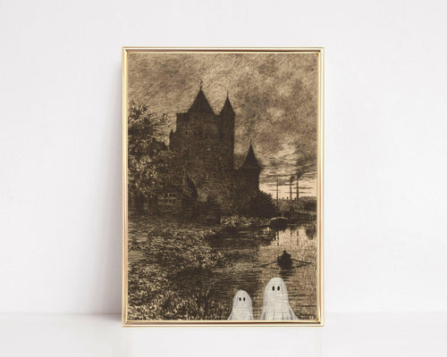 Vintage Halloween Art Print | Spooky House with Ghosts.