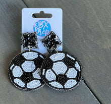 Load image into Gallery viewer, Soccer Seed Beaded Dangle Earrings.
