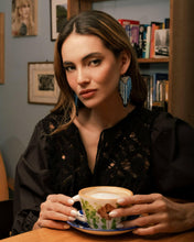 Load image into Gallery viewer, Beaded Handwoven Sonoran Triangle Fringe Earrings (Aqua).
