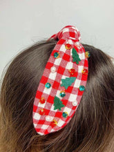 Load image into Gallery viewer, Glitter Christmas Tree Embellished Top Knot Headbands: Pink &amp; White.
