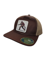 Load image into Gallery viewer, Sasquatch Trucker Mesh Snapback Hat: Brown on Khaki.
