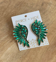 Load image into Gallery viewer, Emerald Rounded Crystal Wing Earrings.
