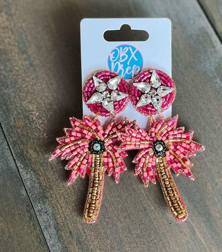 Pink Palm Tree Seed Beaded Dangle Earrings.