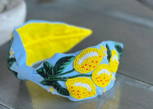 Load image into Gallery viewer, Lemons and Flowers Seed Beaded Top Knot Headband.
