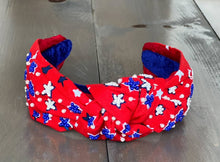 Load image into Gallery viewer, Patriotic Red Seed Beaded Star Top Knot Headband 4th of July
