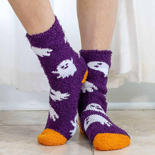 Women's  Spooky Ghost Snuggle Socks   Purple/Orange/White  One Size.