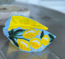 Load image into Gallery viewer, Lemons and Flowers Seed Beaded Top Knot Headband.
