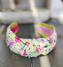 Load image into Gallery viewer, Manteo Yellow Pink Pansies Top Knot Seed Beaded Headband
