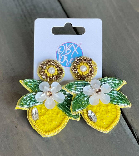 Lemon Floral Spring Seed Bead Dangle Earrings.