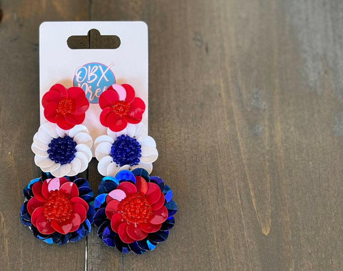 Patriotic Red White and Blue Triple Flowers Handmade Earrings.