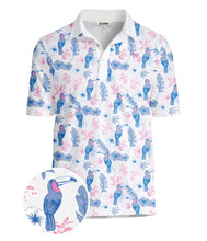 Load image into Gallery viewer, Toucan Tango Men&#39;s Golf Shirt - Tropical Floral Golf Polo.
