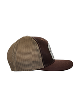 Load image into Gallery viewer, Sasquatch Trucker Mesh Snapback Hat: Brown on Khaki.
