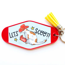 Load image into Gallery viewer, Scootin&#39; Kitty Vintage Motel Style Keychain
