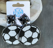 Load image into Gallery viewer, Soccer Seed Beaded Dangle Earrings.
