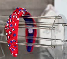 Load image into Gallery viewer, Patriotic Red Seed Beaded Star Top Knot Headband 4th of July
