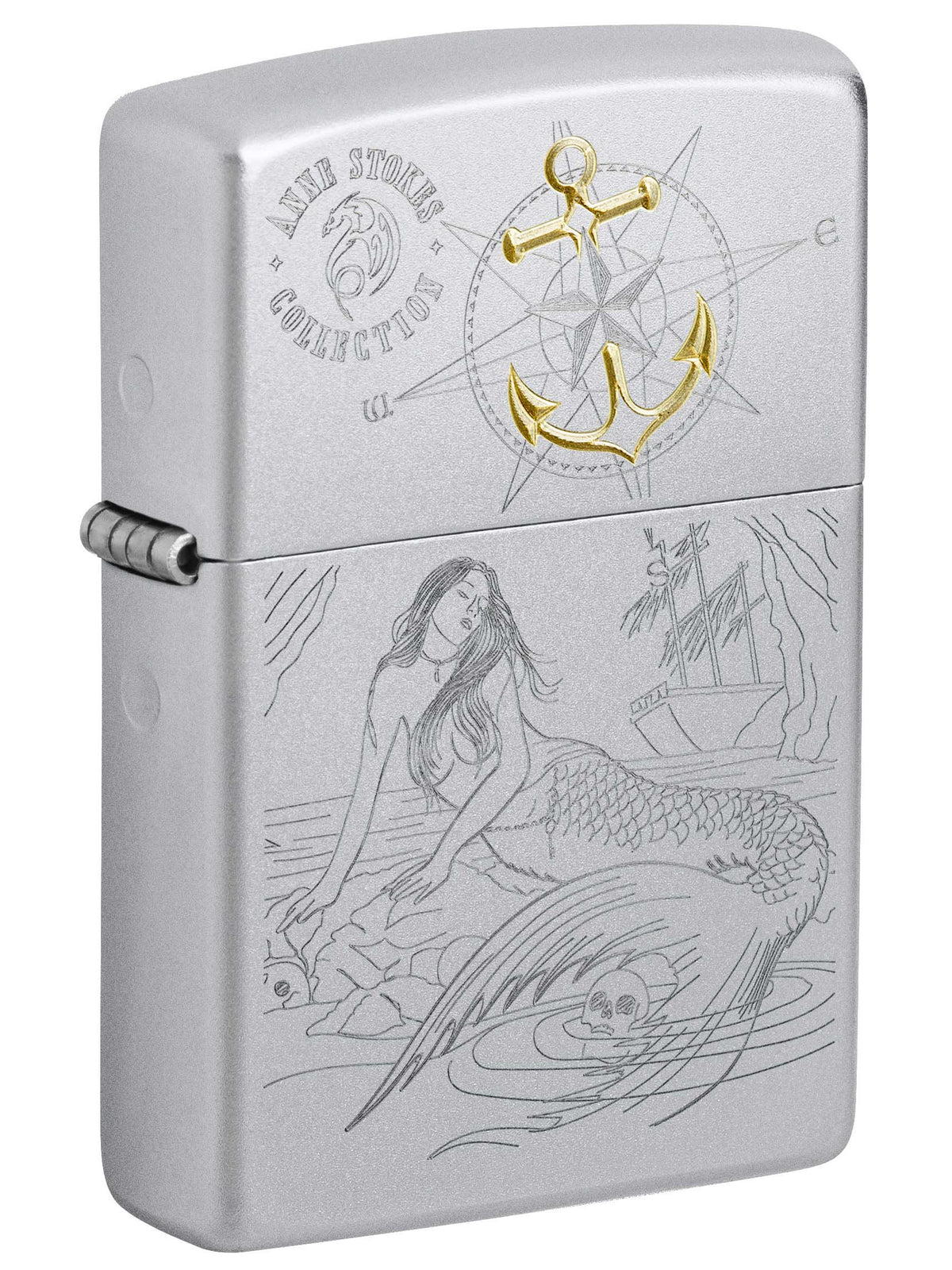 Engraved Mermaid and Ship - Satin Chrome 81011 Zippo Lighter: Anne Stokes Collection