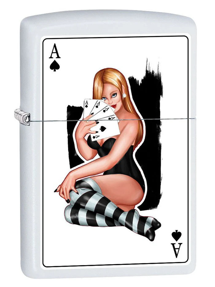 Sexy Pin-Up Girl, Four Ace of Spades - White Matte Zippo Lighter