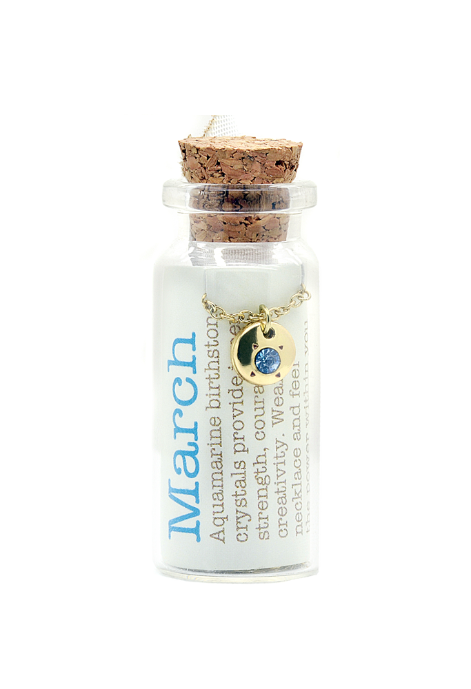 Birthstone Bottle Necklace Gold - March/Aquamarine