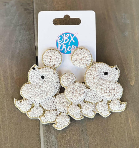 White Poodle Beaded Dangle Earrings.