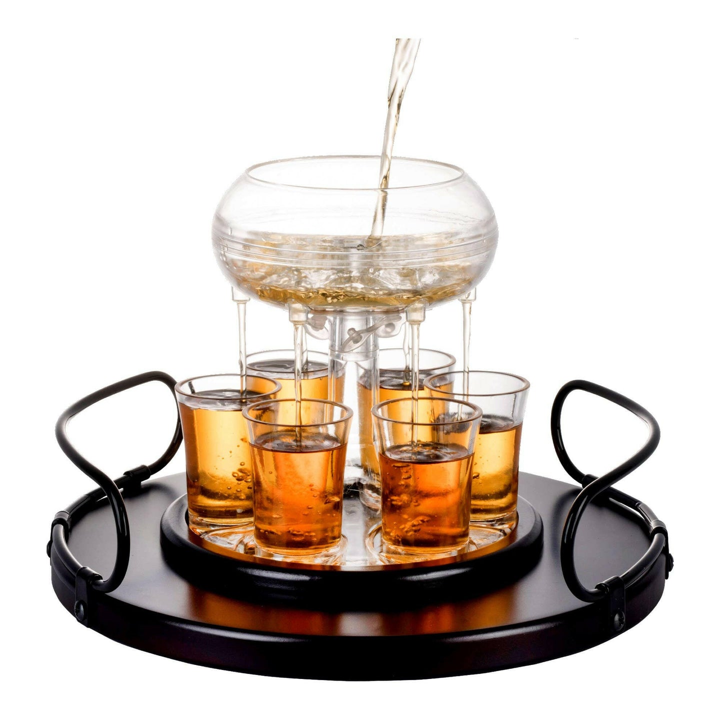 6 Shot Glass Dispenser Gift Set - Mahogany Tray Drinking Set.