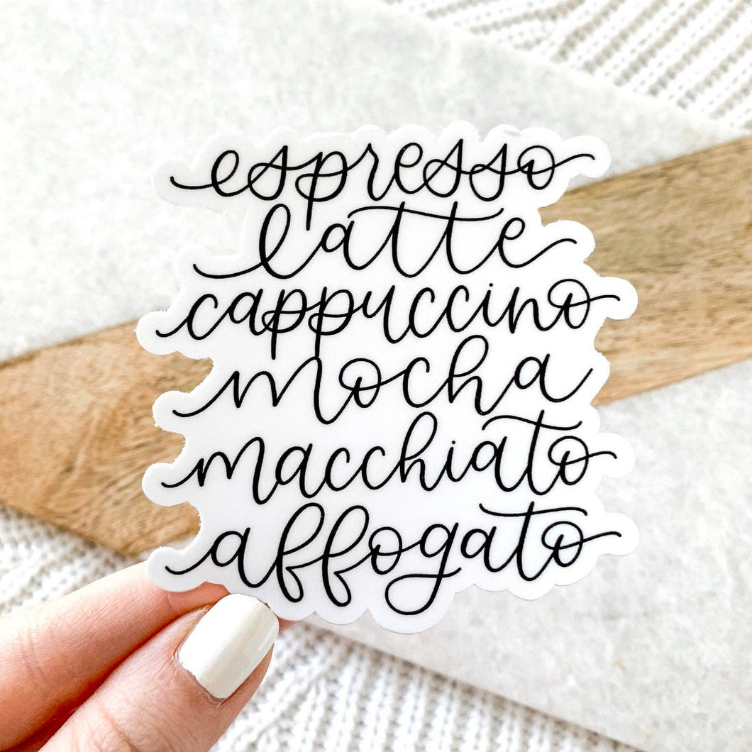 Espresso Latte Cappuccino Coffee Drinks List Sticker 3x3in.