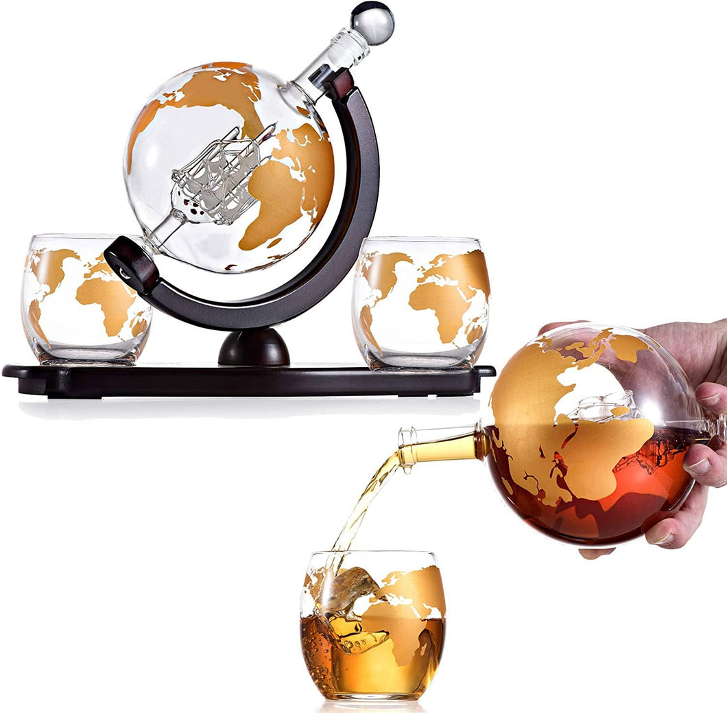 Whiskey Decanter Globe Set - 2 10 oz Gold Etched Globe Glass