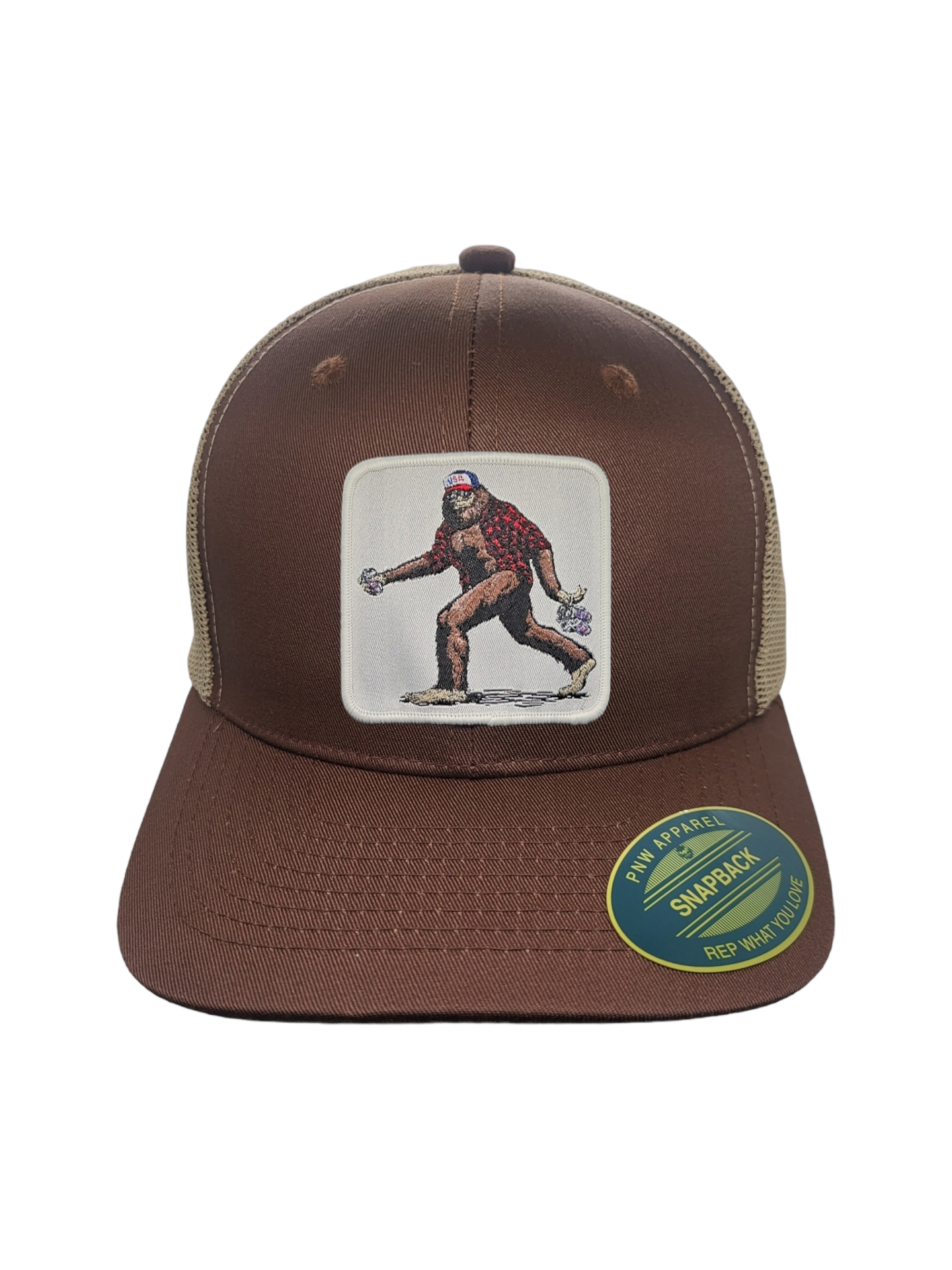 Sasquatch Trucker Mesh Snapback Hat: Brown on Khaki.