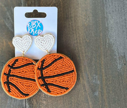 Basketball Heart Seed Bead Dangle Earrings.