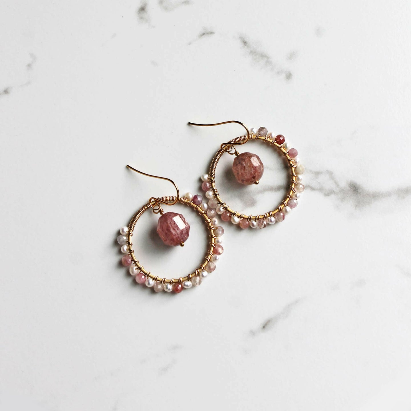 Strawberry Quartz & Pearl Earrings.