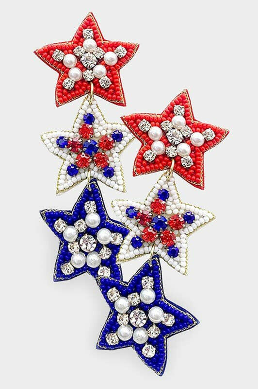 Handmade Patriotic Red White and Blue Triple Stars Earrings.