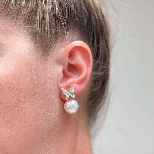 Pearl Butterfly Stud Earrings - Gold.