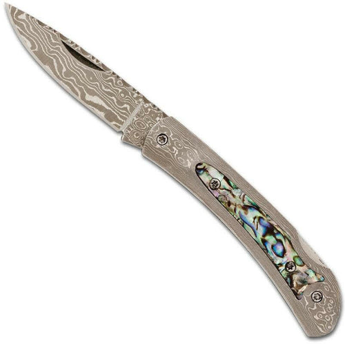 Damascus Pocket Knife with Abalone Inlay.