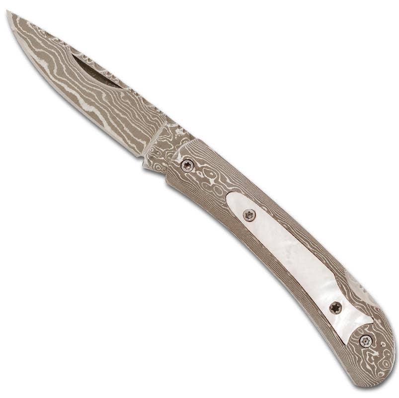 Damascus Pocket Knife with Pearl Inlay