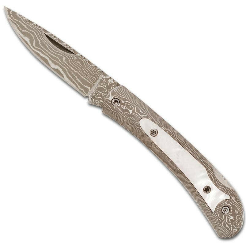 Damascus Pocket Knife with Pearl Inlay.