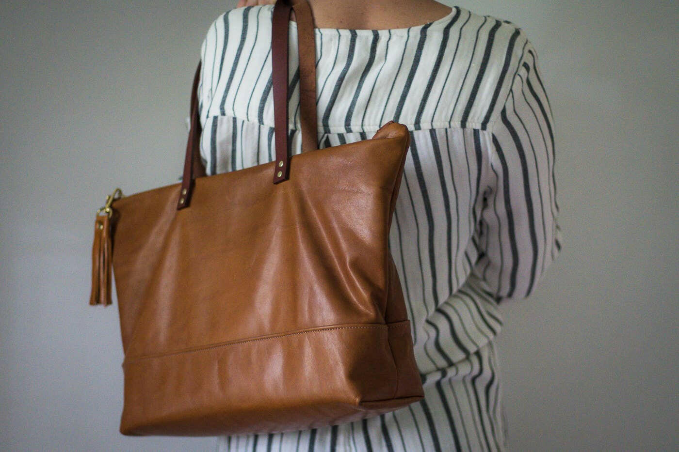 Ashlyn Zippered Leather Tote Bag.