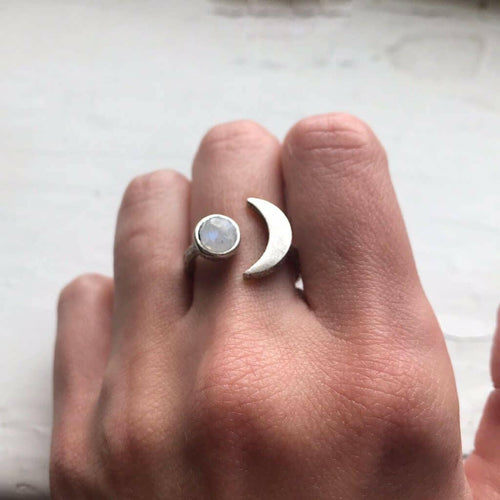 Moon Goddess Crescent Ring with Rainbow Moonstone.