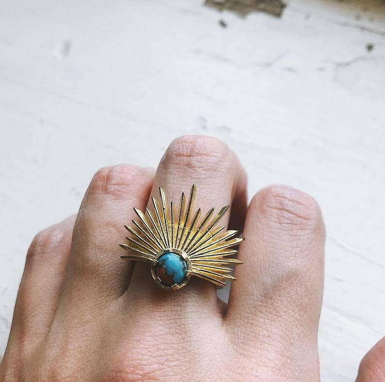 Sun Goddess Ring - Gold Tone Sunburst Ring with Turquoise.