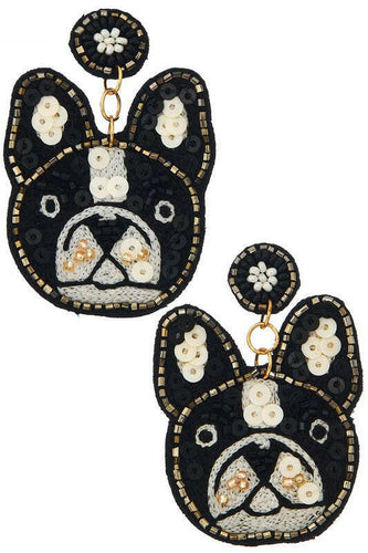 French Bulldog Frenchie Black Seed Bead Dangle Earrings.