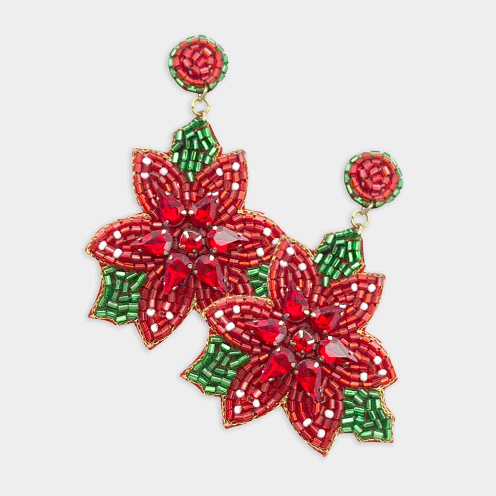 Poinsettia Red Christmas Seed Beaded Earrings
