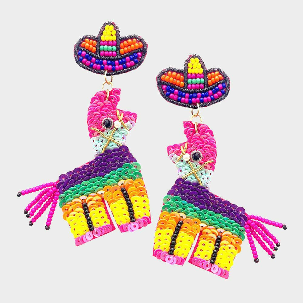 Seed Beaded Hat Sequin Donkey Pinatas Dangle Earrings.