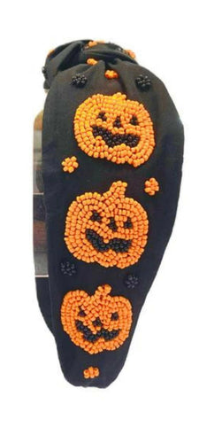 Jack O' Lantern Pumpkin Top Knot Beaded Handmade Headband.