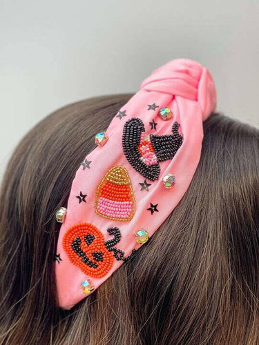 Halloween Scene Embellished Top Knot Headband - Pink.