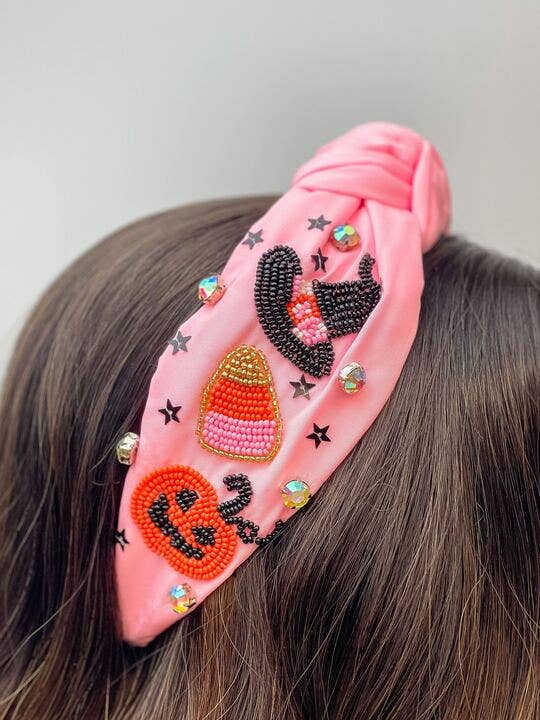 Halloween Scene Embellished Top Knot Headband - Pink