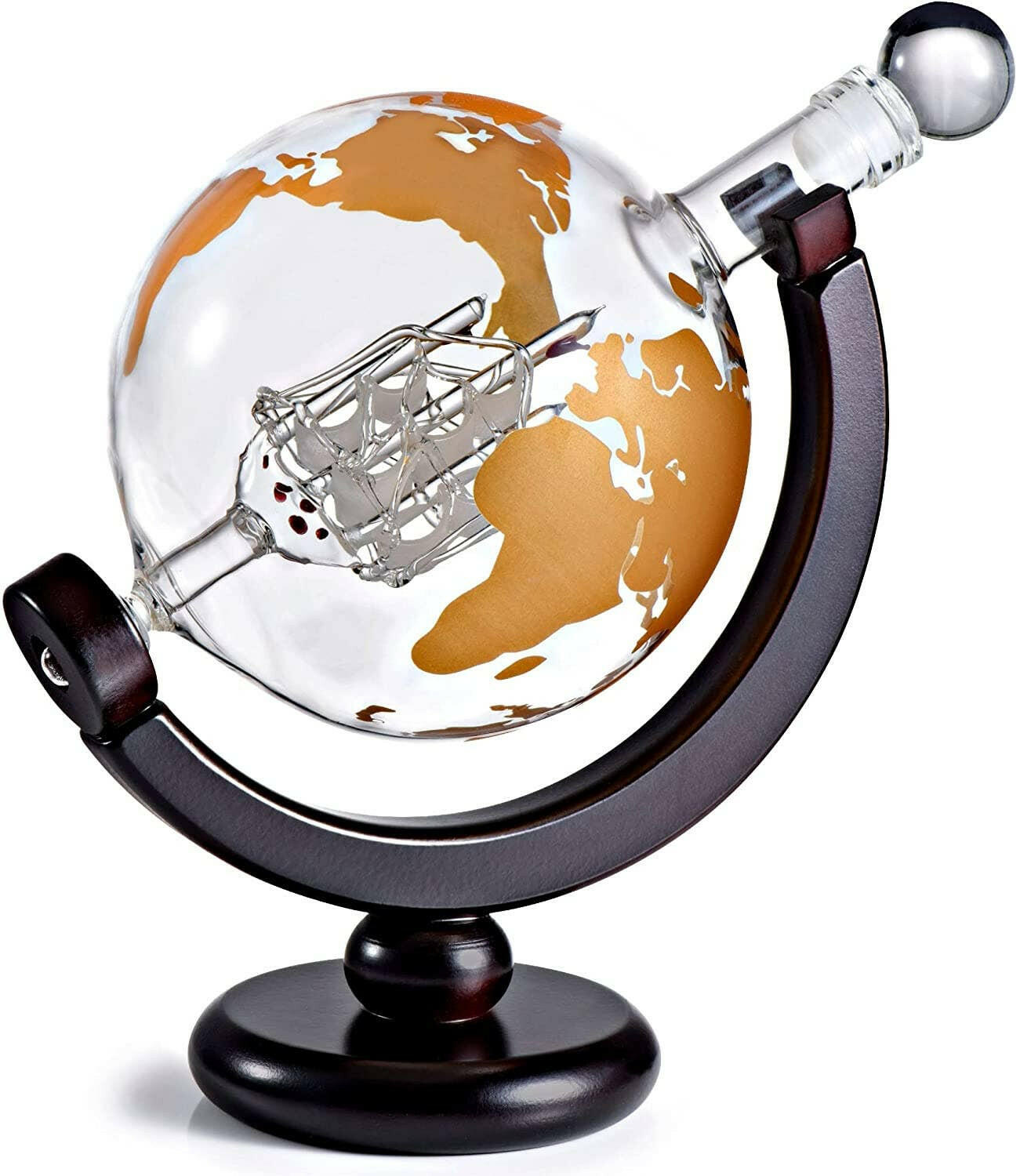 Colored Globe Decanter on Wood Base.