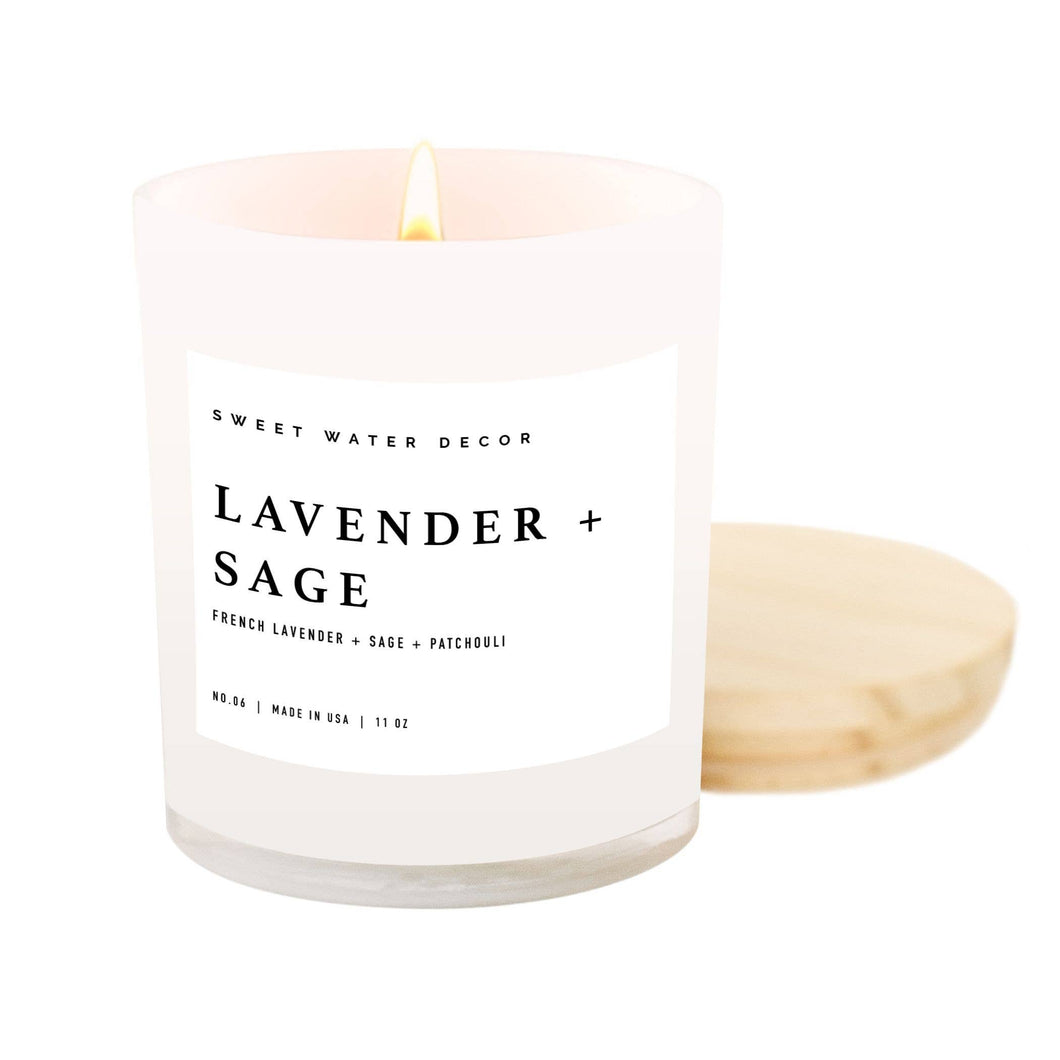 Lavender and Sage Soy Candle | White Jar Candle + Wood Lid