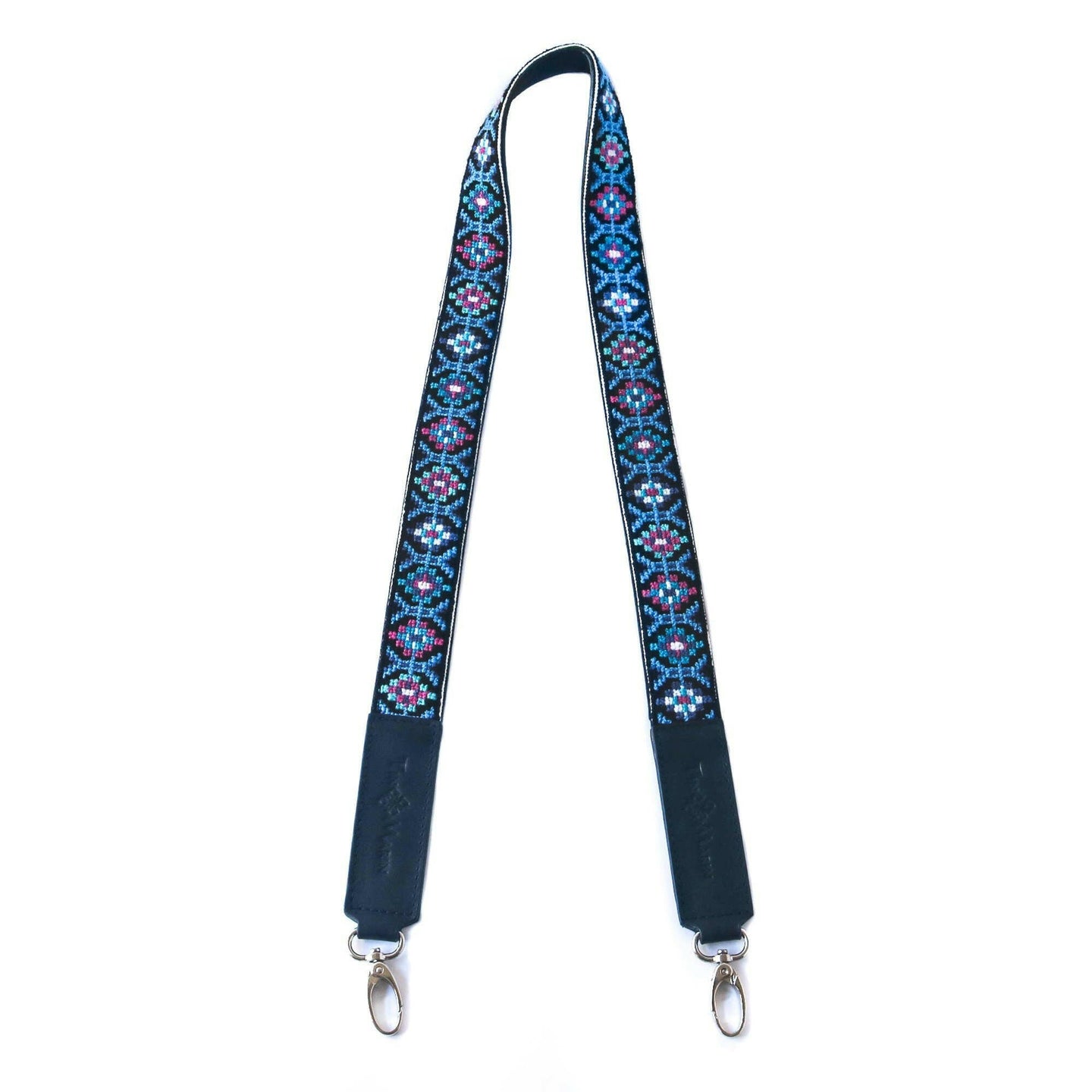 Mai Woven Bag Strap - Blue & Pink with Black Leather.