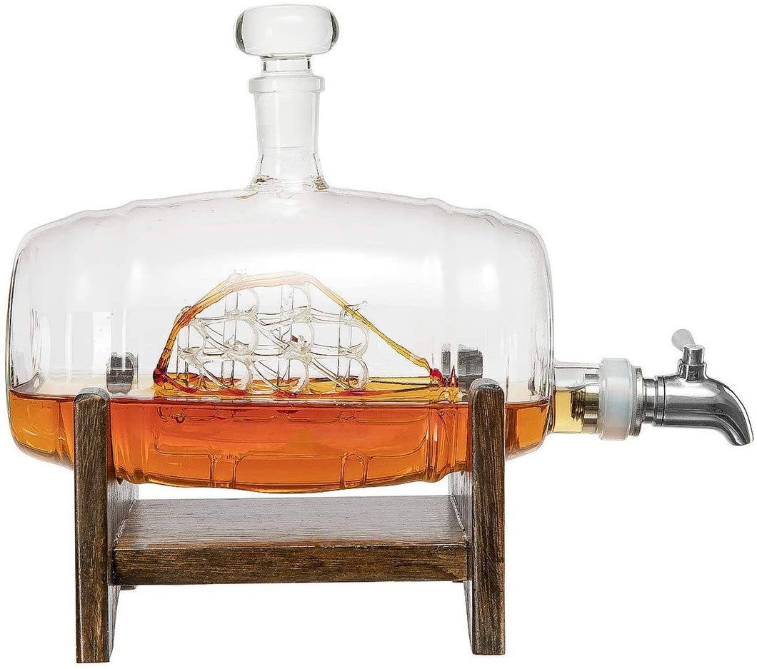 Whiskey Ship in a Barrel Decanter With Ship With 2-10 oz Gla